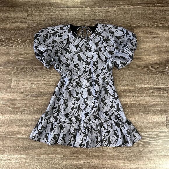 NWT Topshop Jacquard Puff Sleeve Mini Dress Blue Floral Open Back US 12 UK 16 - Picture 9 of 14